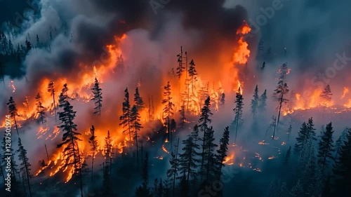Aerial view of raging wildfire consuming forest