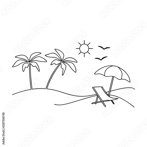 Tropical Beach Scene Palm Trees, Sun, Beach Chair, Umbrella, Birds