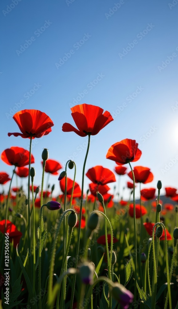 Obraz premium A beautiful field of red tulips and poppies under a blue sky