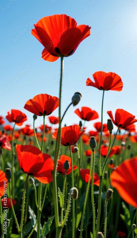Fototapeta premium A beautiful field of red tulips and poppies under a blue sky