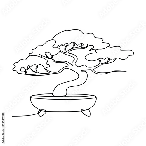 Elegant Bonsai Tree SingleLine Drawing, Minimalist Art, Japanese Zen