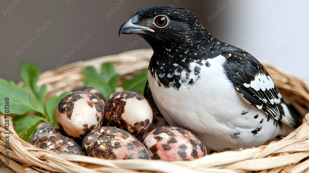 Fototapeta premium A black and white quail sits protectively in a woven wicker nest next to its speckled eggs and green leaves.