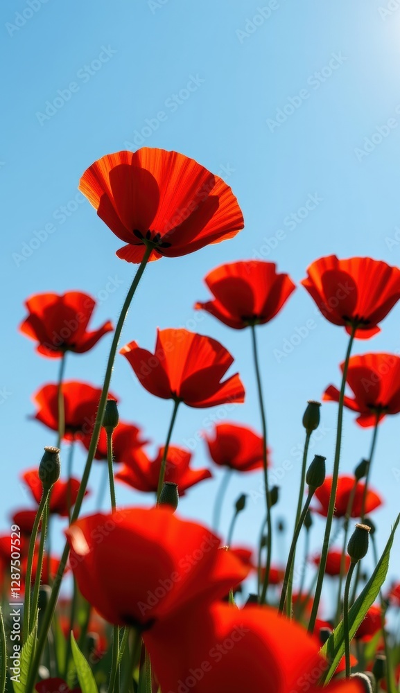 Obraz premium A beautiful field of red tulips and poppies under a blue sky