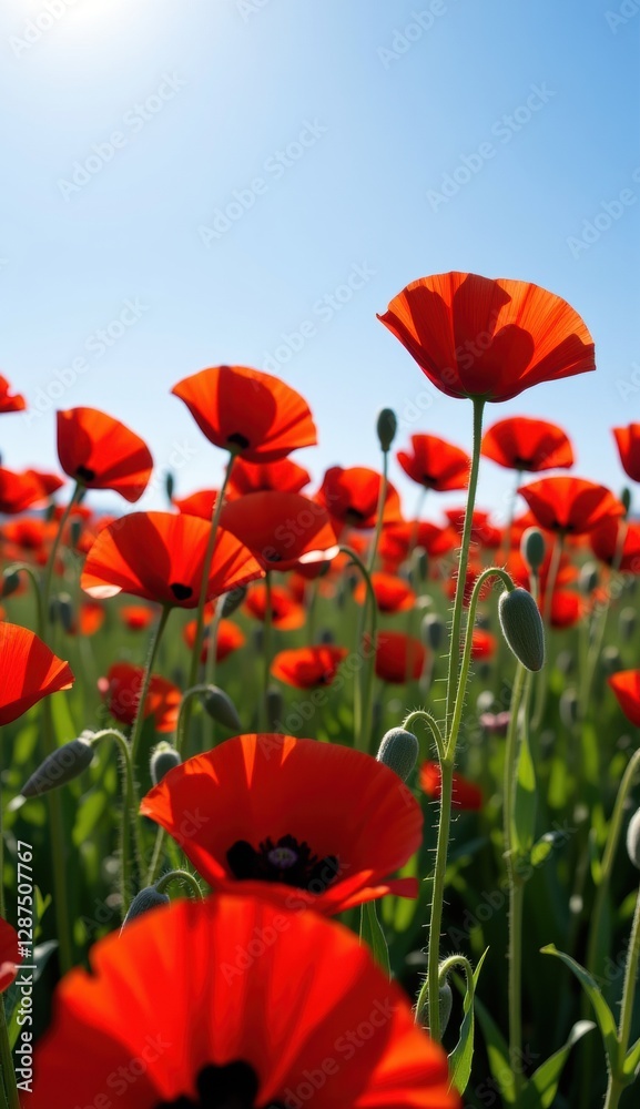 Obraz premium A beautiful field of red tulips and poppies under a blue sky