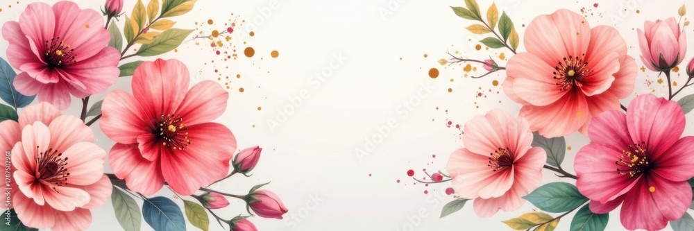 Fototapeta premium Abstract gold splatters on a delicate watercolor flower background, blossom, soft, pastel