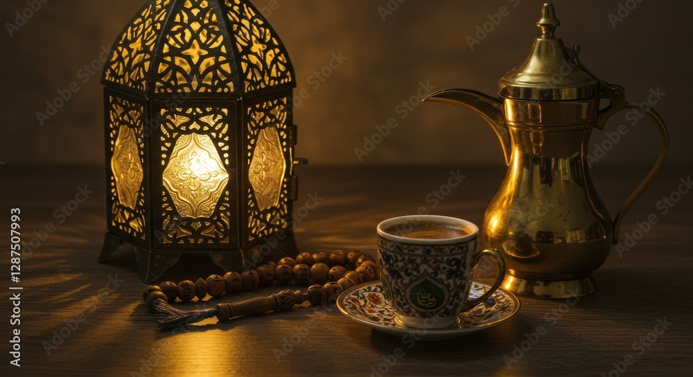 Traditional coffee setup with ornate lantern, cup, and pot on wooden table Traditional coffee setup with ornate lantern, cup, and pot on wooden table