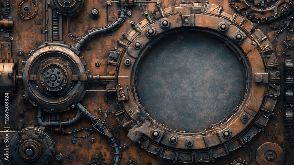Rusty Metal Gear Mechanism with Circular Frame Background Rusty Metal Gear Mechanism with Circular Frame Background
