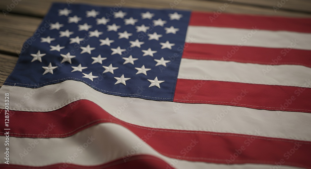 American Flag Stars and Stripes Close-up on Rustic Wood Surface American Flag Stars and Stripes Close-up on Rustic Wood Surface