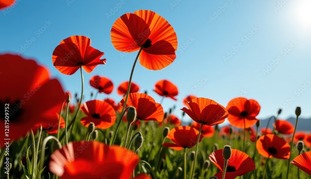 Obraz premium Red poppies sway in a vibrant field under a bright moonlit sky with fluffy clouds at dusk