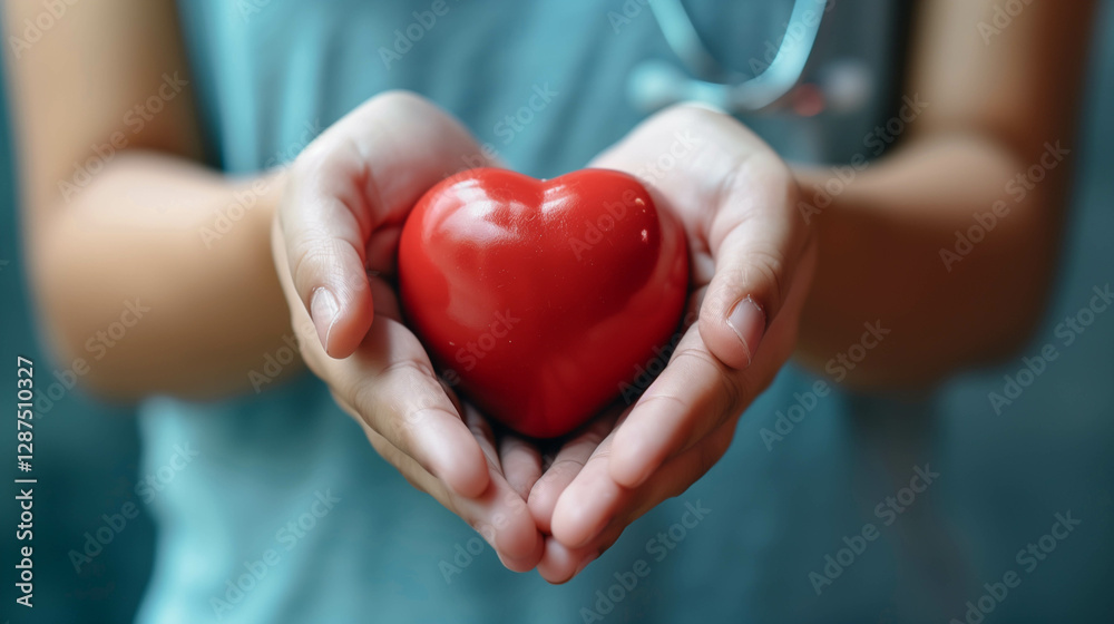 Doctor holding red heart for patient. Doctor holding red heart for patient.