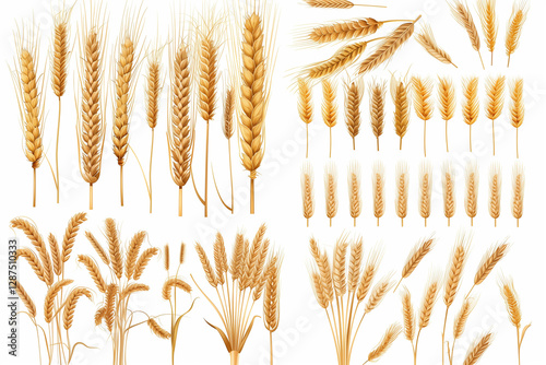 Wheat ears or heads set isolated on white background.