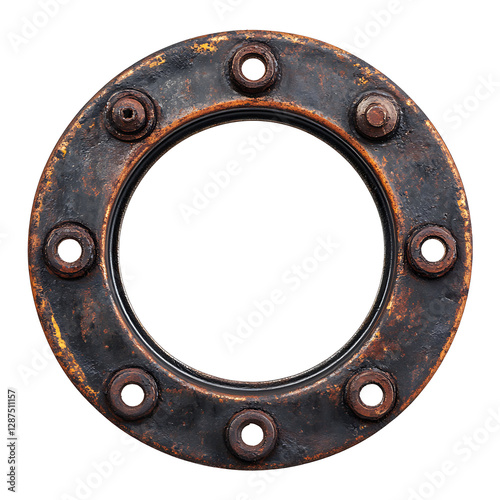 Rusty Metal Porthole with Bolts on White Background