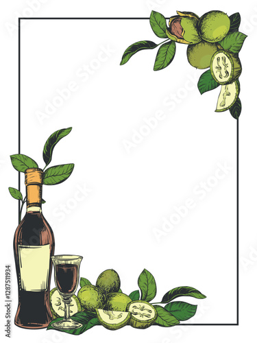 Vertical rectangular frame with a bottle of Italian liqueur Nocino, a shot glass. Vector walnut in color engraving technique. Unripe walnut seeds whole and halves, leaves and branches. Linear sketch.