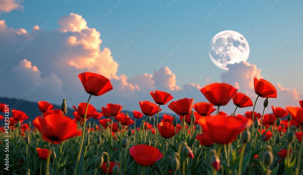 Obraz premium Red poppies sway in a vibrant field under a bright moonlit sky with fluffy clouds at dusk