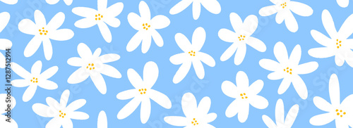 Hand drawn white flower seamless pattern. Floral repeating wallpaper for textile design, fabric, print, wrapping paper. Cute daisy flowers on blue background. Vector repeated cute ditsy texture