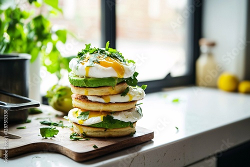 Celebrate National English Muffin Day with a stylish breakfast stack featuring toasted English muffins, creamy avocado, poached eggs, and fresh herbs, beautifully displayed photo