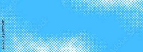 Dotted comic cloud background. Halftone clouds in bright blue sky. Pop art heaven wallpaper for banner, brochure, collage, leaflet, poster, flyer. Pixelated smoke, fog or smog texture. Vector backdrop