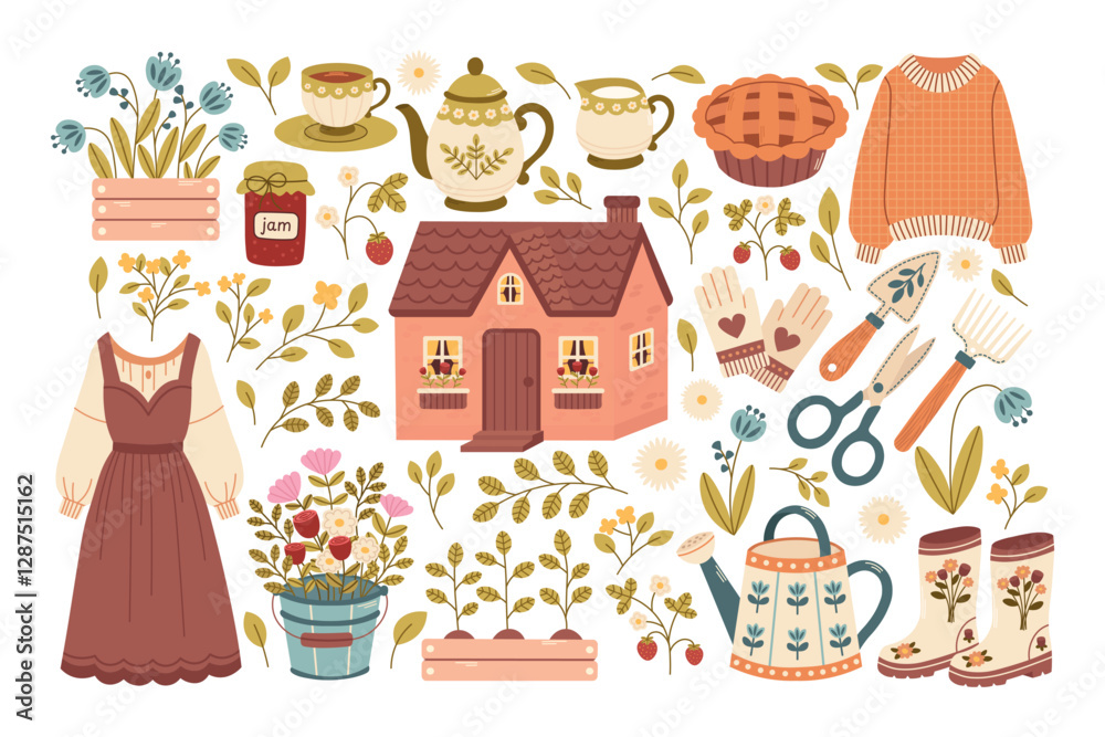Vintage cottagecore set with summer house elements, garden tools, watering can, flower beds, clothes. Tea party elements and botanical gardening elements, teapot, cup, pie. Vector illustration.  
