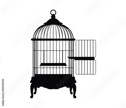 A simple, black silhouette of an empty birdcage against a white background. Empty Birdcage Silhouette, Representing Confinement