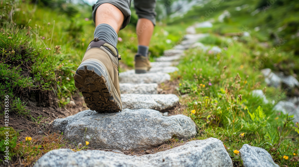 Hiker ascending with focus, stepping stones guide the way, embodying perseverance and progress. Hiker ascending with focus, stepping stones guide the way, embodying perseverance and progress.