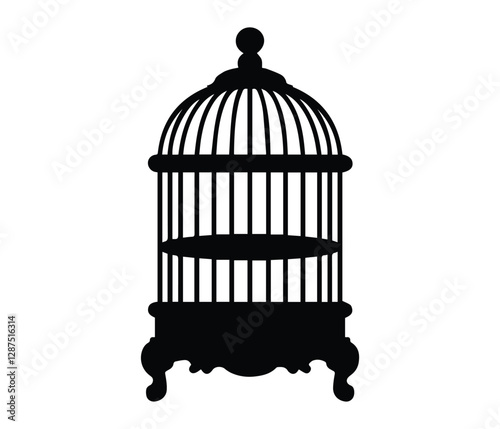 A simple, black silhouette of an empty birdcage against a white background. Empty Birdcage Silhouette, Representing Confinement