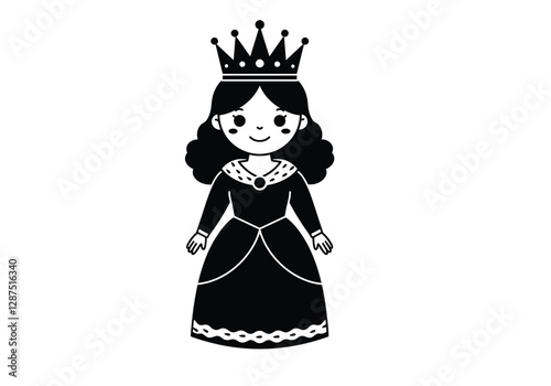 Queen cartoon clip art. A queen with a crown, curly hair, and a long dress. Vector illustration design.