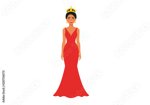 Beauty queen clipart. A woman in a red gown with a crown stands elegantly. Vector illustration design.