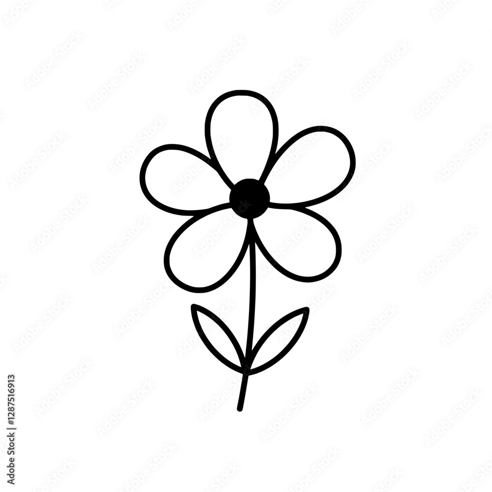 Simple Daisy Illustration: A charming, hand-drawn style black and white daisy blooms, exuding a sense of purity and simplicity. Ideal for various design applications. Simple Daisy Illustration: A charming, hand-drawn style black and white daisy blooms, exuding a sense of purity and simplicity. Ideal for various design applications.