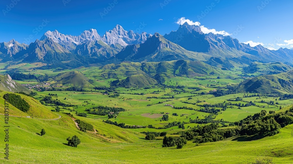 Sunny valley landscape, Pyrenees mountains, green fields, rural village Sunny valley landscape, Pyrenees mountains, green fields, rural village