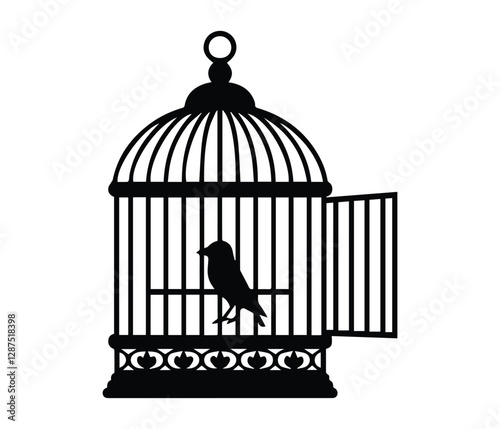 A simple, black silhouette of an empty birdcage against a white background. Empty Birdcage Silhouette, Representing Confinement