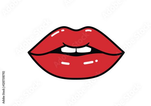 Female lips clipart. This image shows a pair of red lips with a slight smile and white teeth. Vector illustration design.