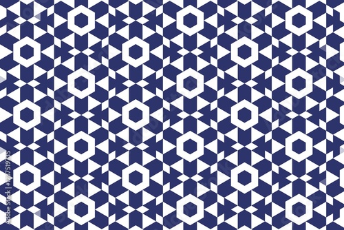 Abstract symmetric triangle and hexagon design in midnight blue with geometric precision. Modern pattern concept