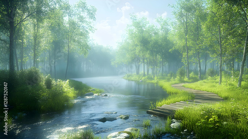 Pristine Forest Path By A River In The Morning Light
