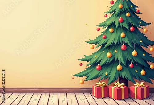Minimalist Pastel Christmas Abstract: Cartoon Flat Design with Side View of Decorated Tree and Gifts, Country House Interior, Empty Text Space for Festive Greetings!

