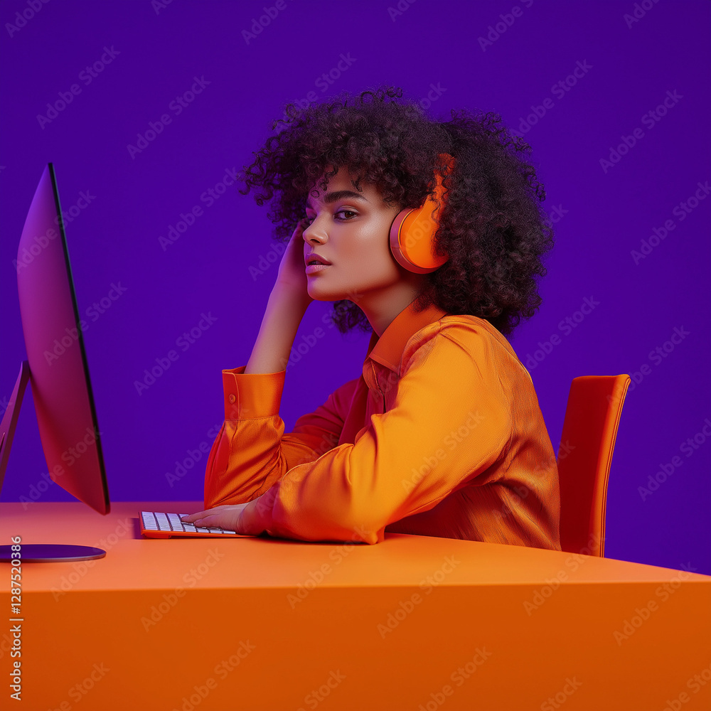 She is wearing headphones and she is focused on her work