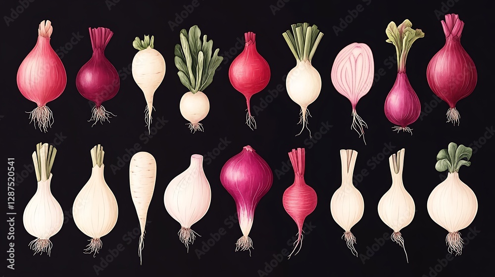 A fresh, organic root vegetable icon set, arranged in a neat grid format. Featuring clean, bold vector illustrations of radishes, turnips, yams, and onions, designed for farm-to-table branding. A fresh, organic root vegetable icon set, arranged in a neat grid format. Featuring clean, bold vector illustrations of radishes, turnips, yams, and onions, designed for farm-to-table branding.