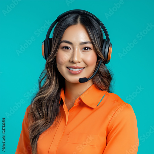 A woman wearing an orange shirt and a headset