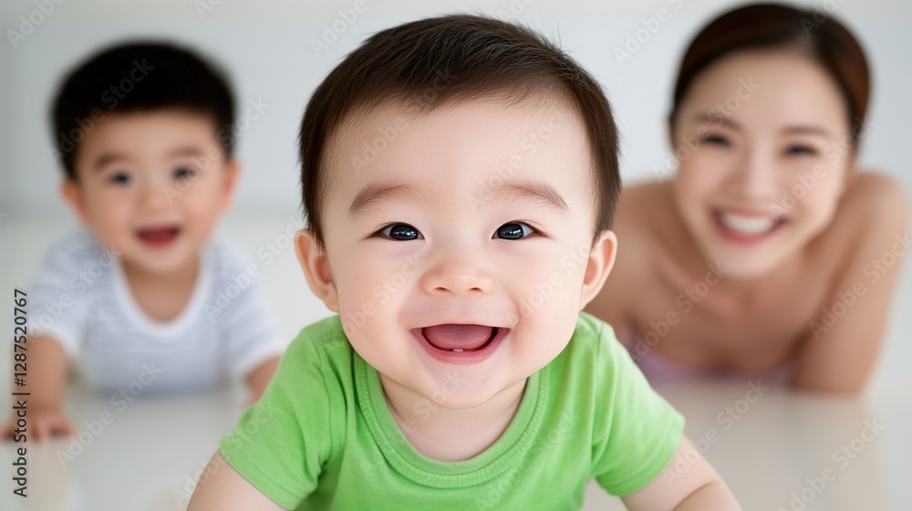 Happy baby smiling with playful siblings and mother in bright home Happy baby smiling with playful siblings and mother in bright home