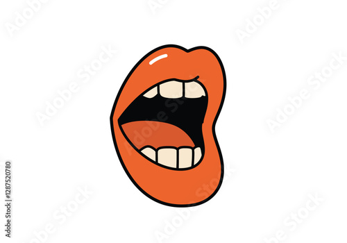 Mouth talking clip art. This image shows an open mouth with orange lips and visible teeth. Vector illustration design.