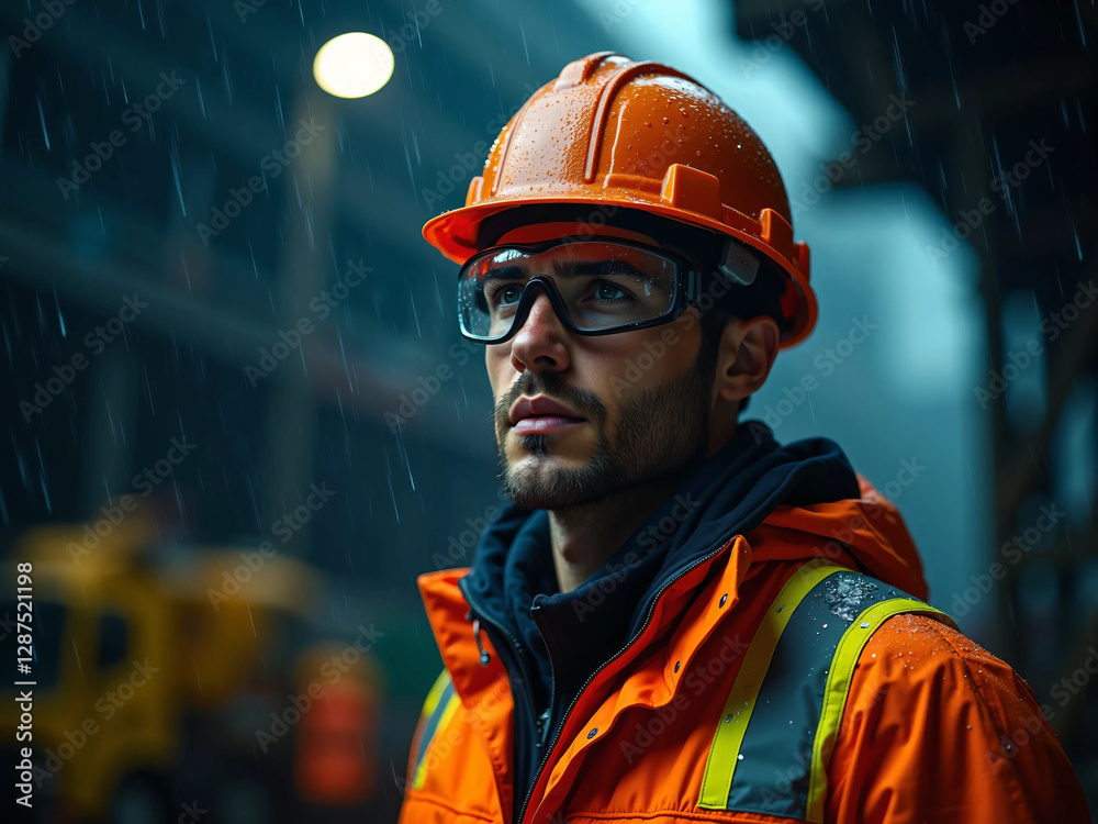 Resilient Construction Worker in Heavy Rain - Wearing Hard Hat, Safety Goggles, and High-Visibility Waterproof Jacket in an Industrial Setting with Cinematic Lighting Resilient Construction Worker in Heavy Rain - Wearing Hard Hat, Safety Goggles, and High-Visibility Waterproof Jacket in an Industrial Setting with Cinematic Lighting