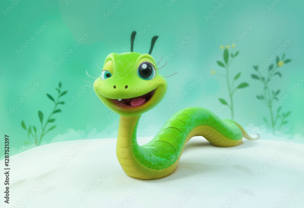Fototapeta premium Smiling Green Snake Cartoon Character with Large Eyes and Friendly Expression