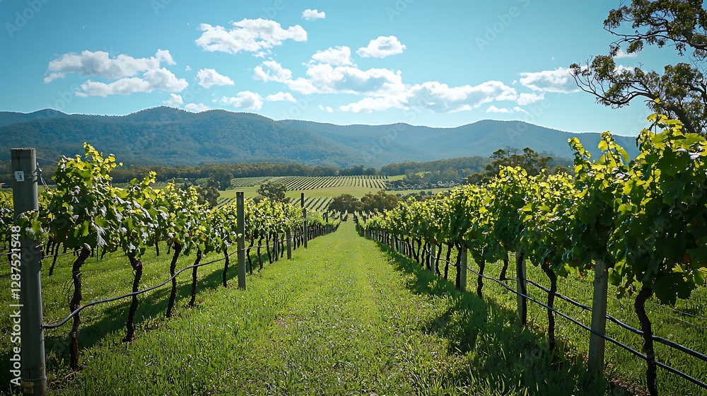 Naklejka premium Lush Green Vineyard Rows Under Bright Blue Sky and Scenic Mountain Landscape