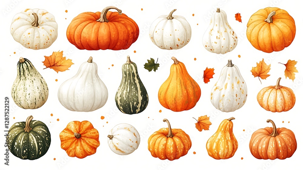 A playful and elegant collection of squash and gourd icons, featuring stylized illustrations of pumpkins, calabash, and acorn squash. A warm color palette with soft gradients and a modern, A playful and elegant collection of squash and gourd icons, featuring stylized illustrations of pumpkins, calabash, and acorn squash. A warm color palette with soft gradients and a modern,