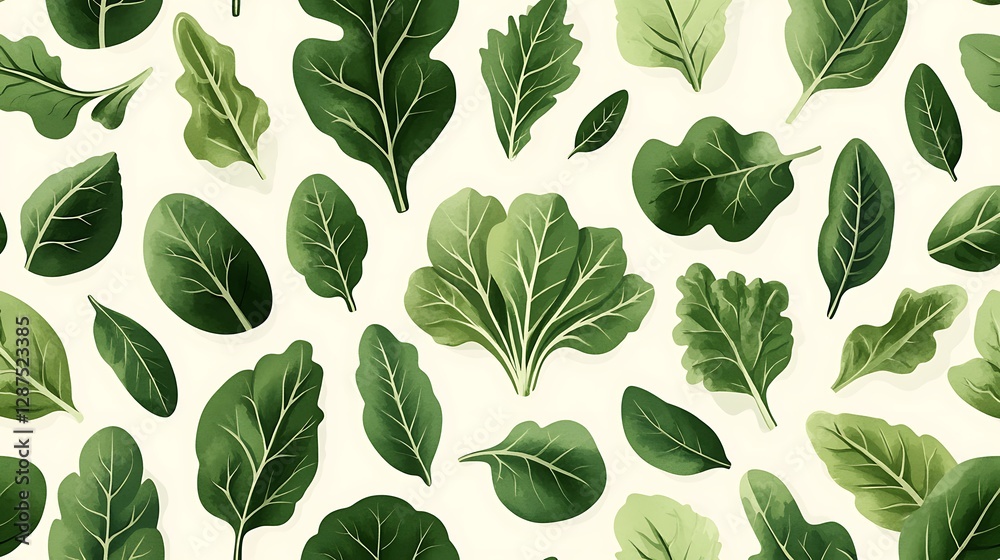 Fototapeta premium A seamless pattern of fresh leafy greens, including spinach, kale, chard, and arugula, arranged in a stylish and elegant flat vector illustration. Soft, natural shading with a crisp,