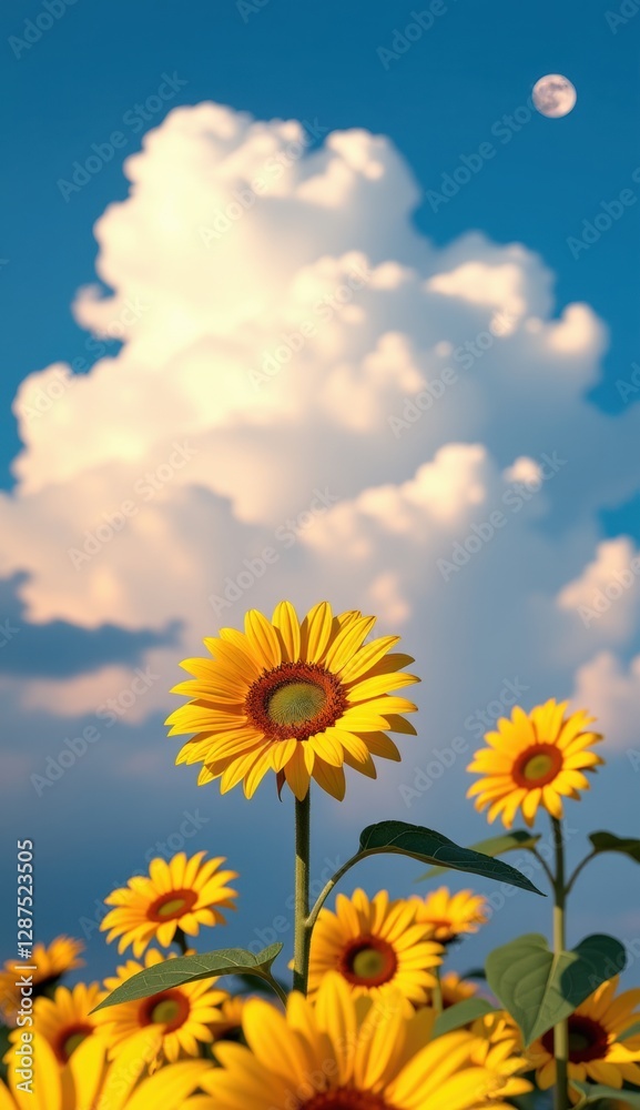 Fototapeta premium Sunflowers bloom under a vibrant sky with a full moon and clouds during sunset