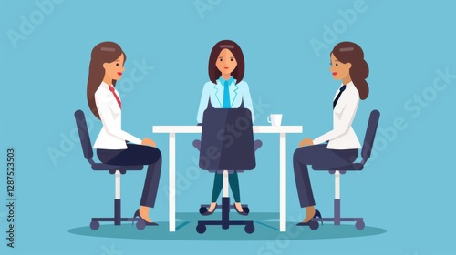 A professional businesswoman sitting in an office during a job interview, confidently discussing her resume with a recruiter in a modern workspace.

