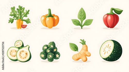 A spicy-themed vegetable icon collection, showcasing wasabi root, horseradish, cayenne peppers, and ginger. Flat, modern vector style with clean lines and a vibrant, energetic color palette.