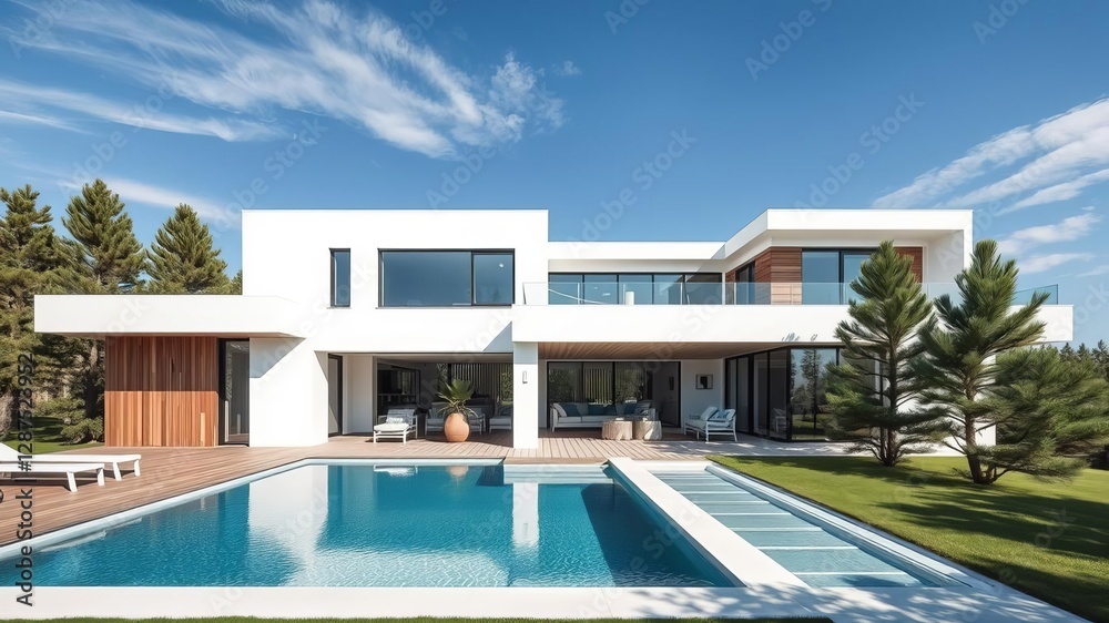 Fototapeta premium Luxurious white wood house with pool and pine trees, house, exterior, landscape