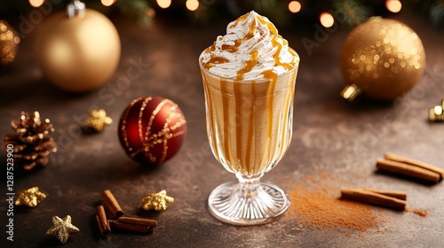 Elegant butterscotch milkshake served in a crystal glass with a dash of whipped cream, caramel sauce, and cinnamon, surrounded by holiday decorations