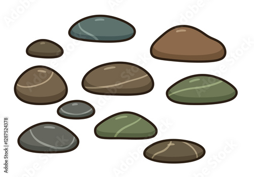 River rock clipart. This image shows various smooth, rounded river rocks in different sizes and colors. Vector illustration design.